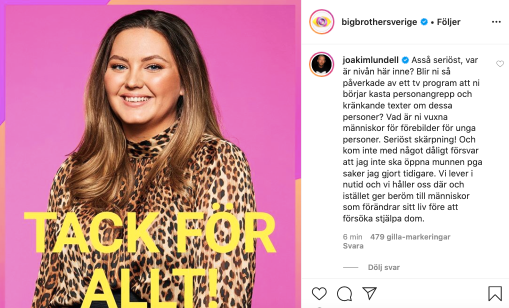Joakim Lundell ryter ifrån på Instagram efter hatkommentarerna.