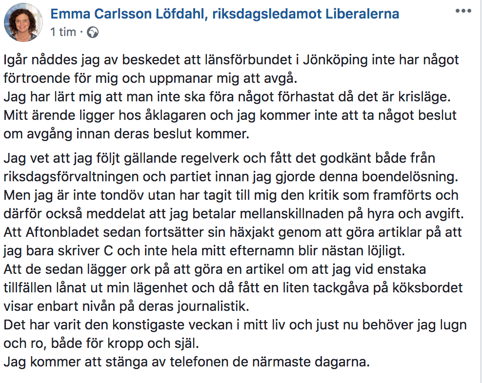 Emma Carlsson Löfdahls inlägg på Facebook.
