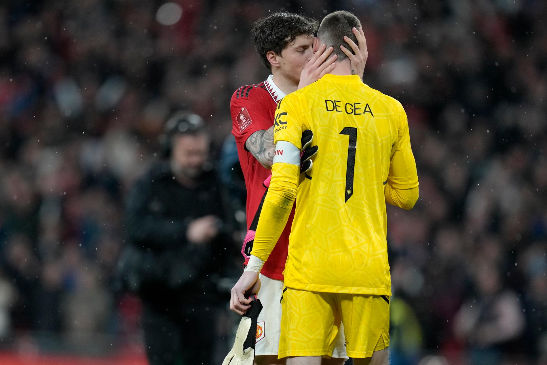Victor Nilsson Lindelöf och David de Gea efter att Manchester United tagit sig vidare till final i FA-cupen.