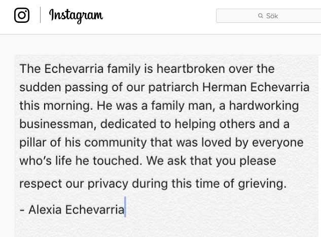 Alexia Echevarrias inlägg på Instagram om den tragiska händelsen.