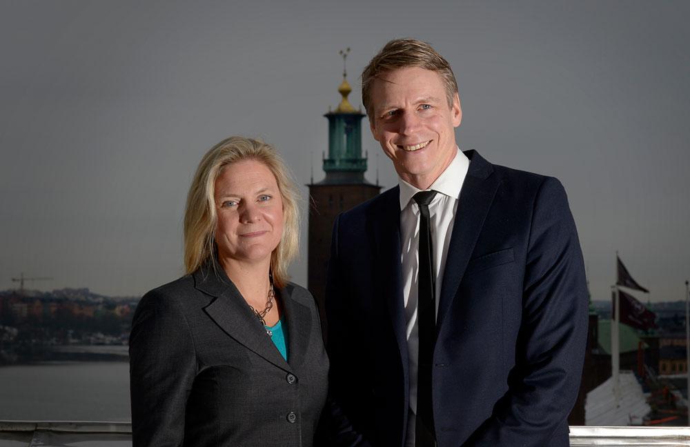 Finansminister Magdalena Andersson (S) och Per Bolund (MP) Finansmarknads- och konsumentminister, biträdande finansminister, politiker, Sverige, förhandlar om vårbudgeten.