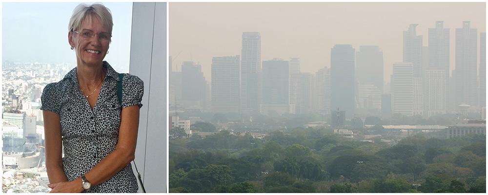 Det är svårt att se höga byggnade på håll i Bangkok på grund av smogen. 