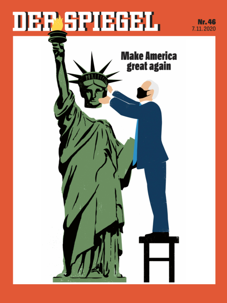 I dag visar Der Spiegel upp en förstasida där Joe Biden, iförd munskydd, sätter frihetsgudinnans huvud på plats igen. Med rubriken ”Make America Great Again.”