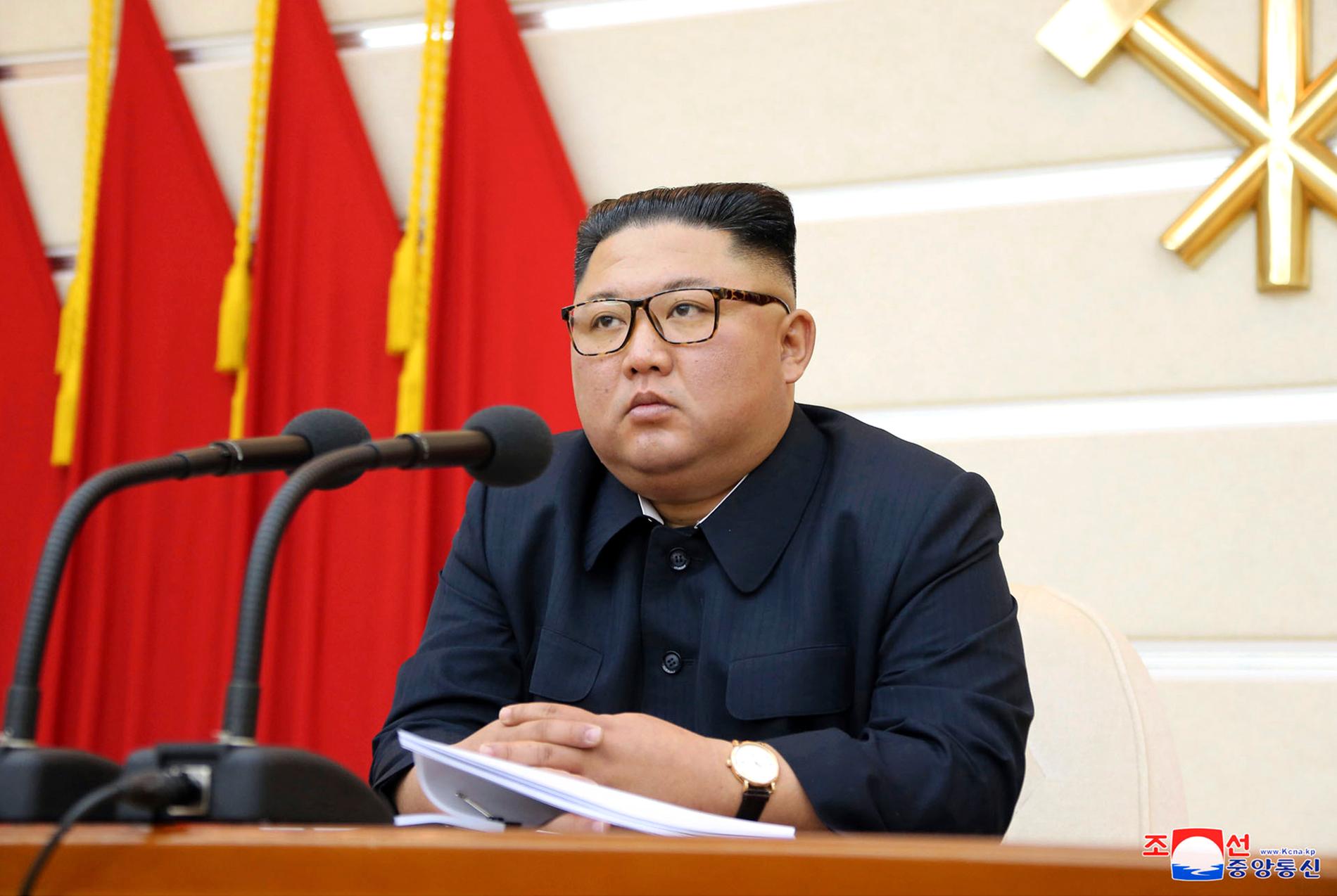 Kim Jong-un talar på ett partimöte. 
