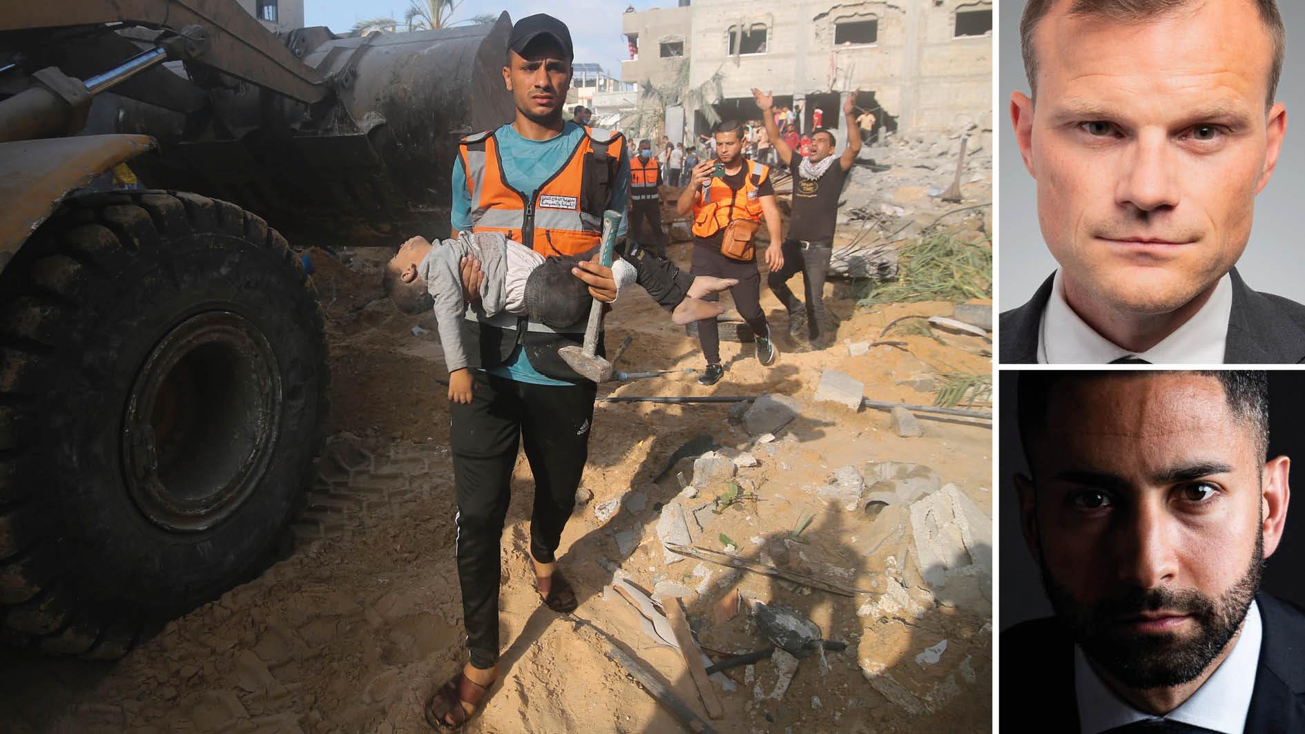 Sveriges internationella åtaganden innebär att vi har en skyldighet att utreda och lagföra krigsförbrytelser, skriver advokaterna Mikael Westerlund och Behrang Eslami som har polisanmält den israeliska statsledningen. På bilden bärs ett barn iväg efter en israelisk attack mot Gaza den 24 oktober. 