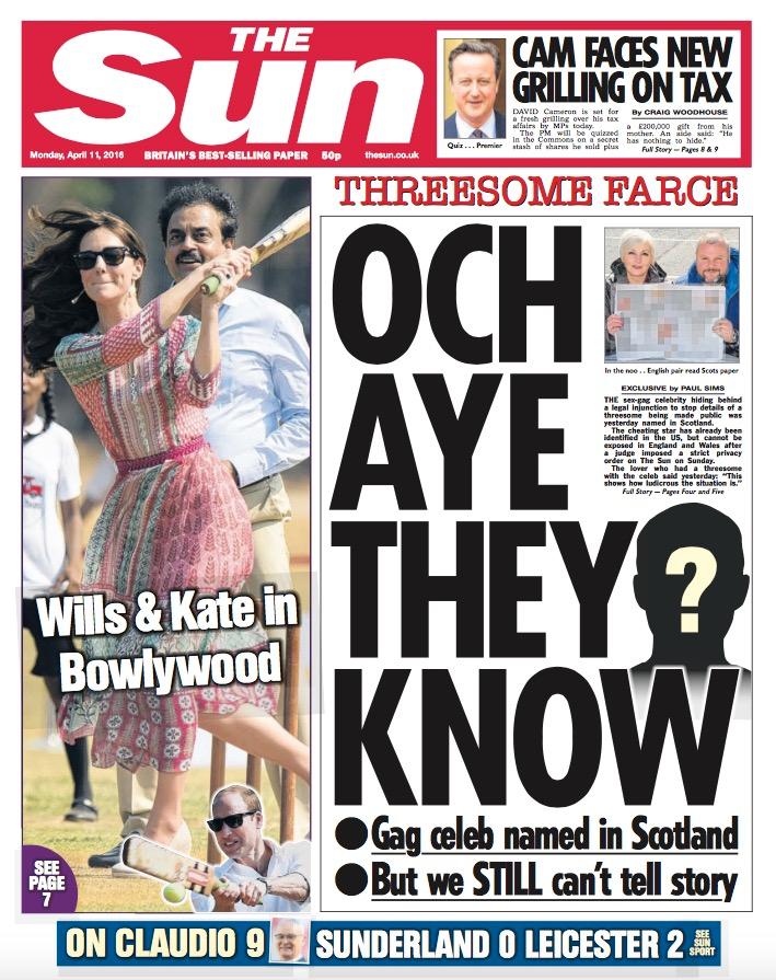 Brittiska Sun ifrågasätter varför skotska tidningar har rätt att publicera namnen på kändisarna, men inte engelska.