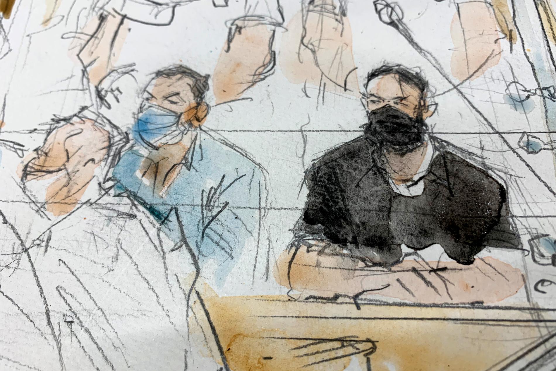 Teckning föreställande Salah Abdeslam, den enda överlevande terroristen som slog till mot Paris i november 2015.