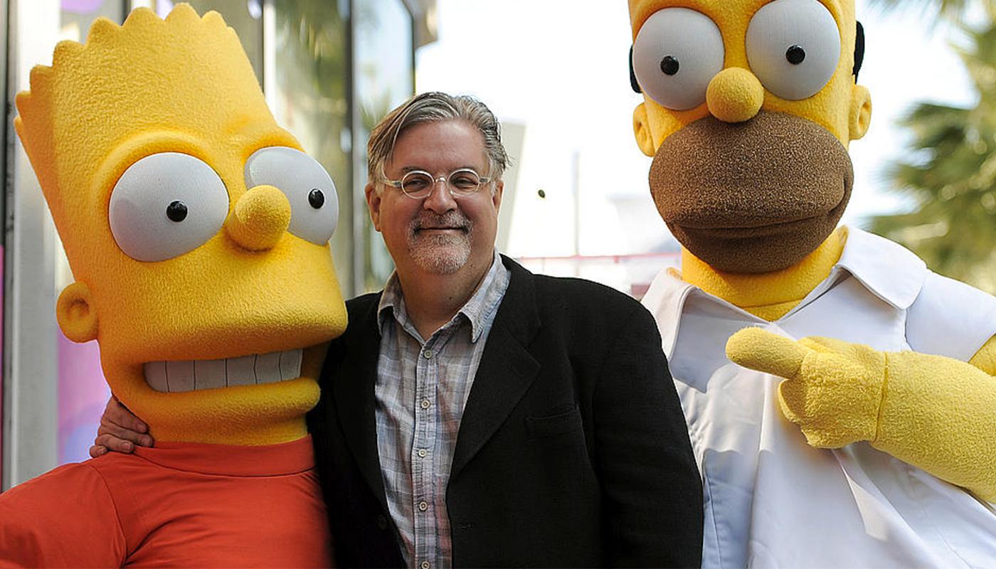 ”The Simpson”-skaparen Matt Groening tillsammans med sina skapelser Bart och Homer Simpson.
