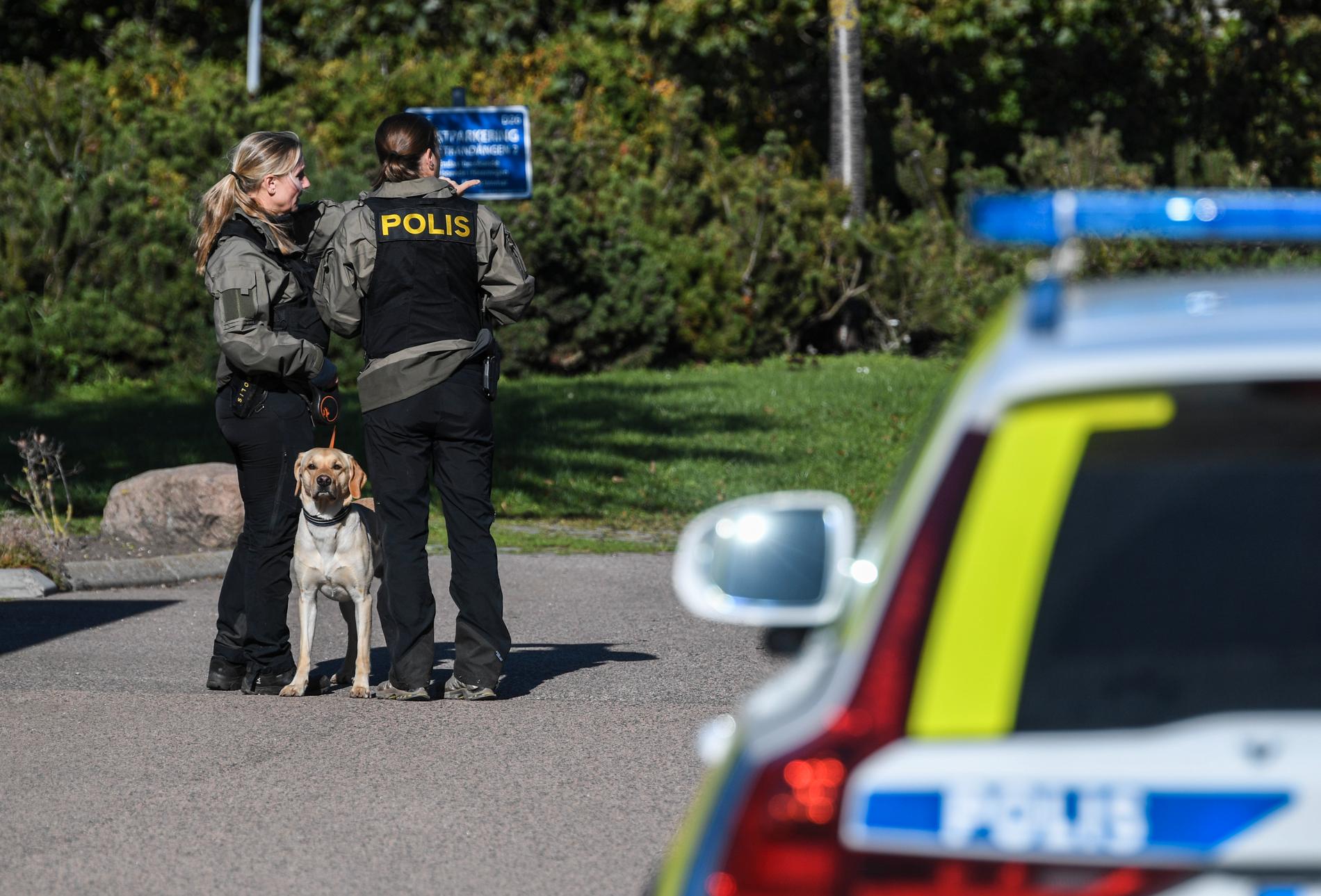 Polisen söker med hundar. 