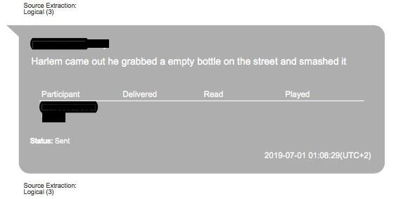 Enligt textmeddelanden från polisens förundersökning var det den som benämns/kopplas till ”Harlem” som var den som slog flaskan.