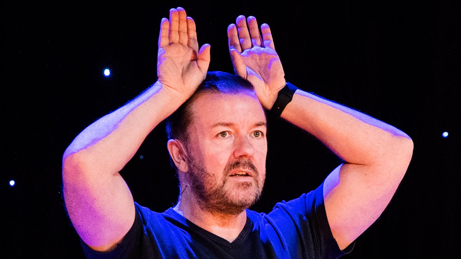 Ricky Gervais i Globen 2017. Vid kvällens föreställning rådde fotoförbud.