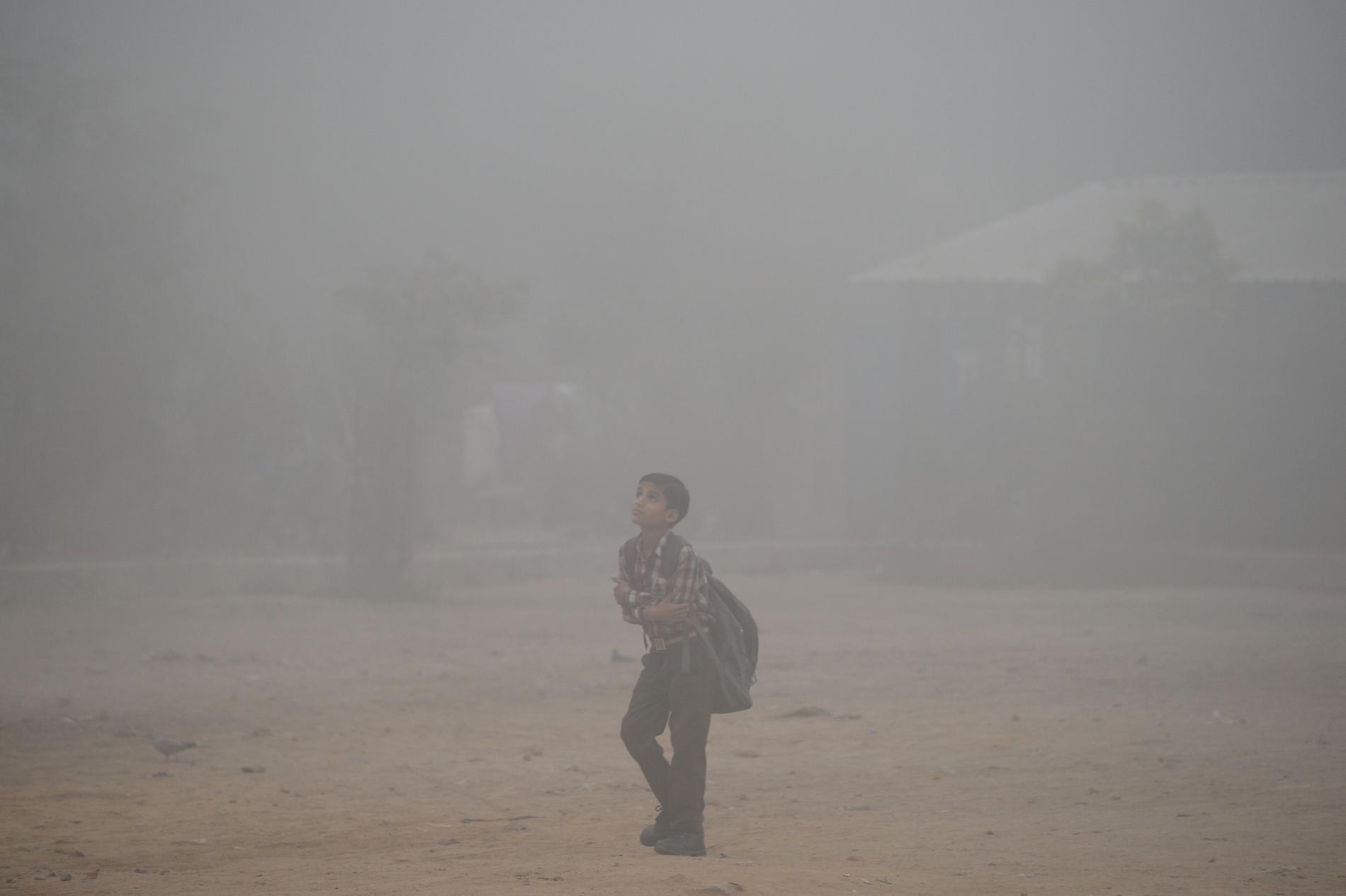 En skolpojke går längs en väg inbäddad i tjock smog. 