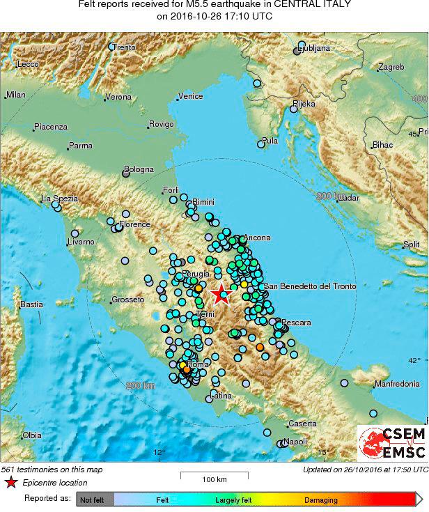 Jordbävningen i centrala Italien uppmätte runt 5,4 på Richterskalan.