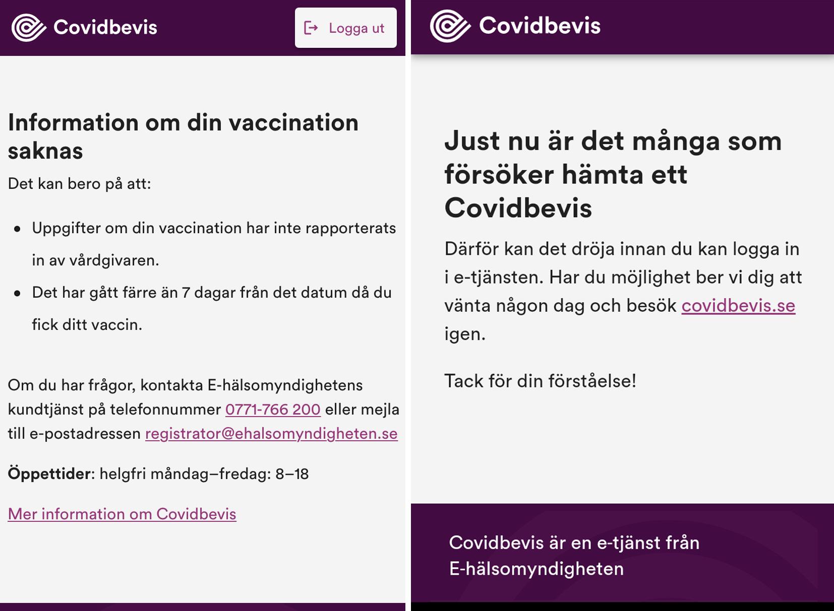 Två typer av felmeddelanden på covidbevis.se.