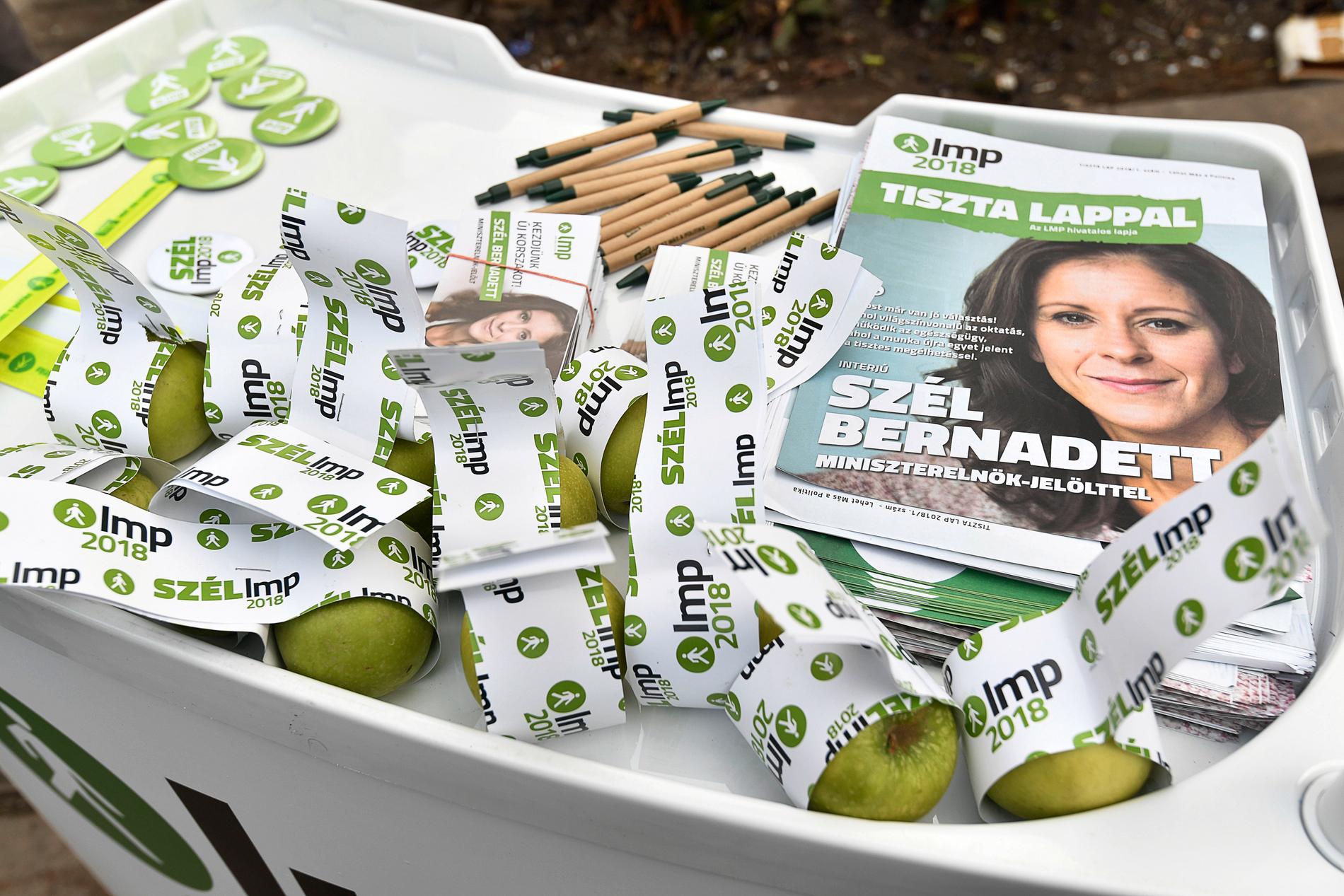 25-åriga Maté delar ut äpplen och flygblad för det gröna partiet LMP.