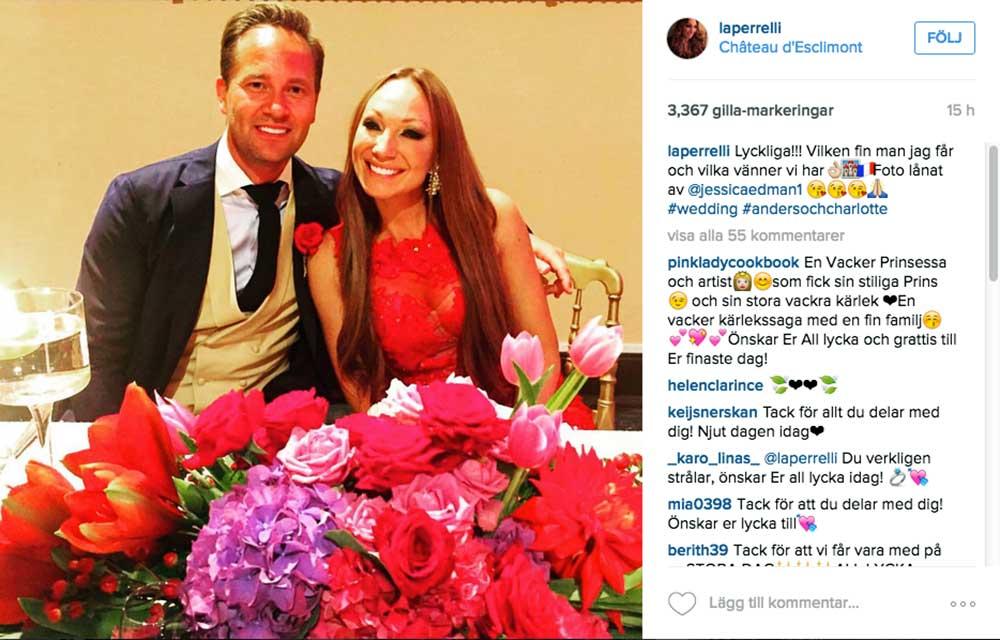”Lyckliga!!! Vilken fin man jag får och vilka vänner vi har”, skrev Charlotte Perrelli på Instagram tidigare under bröllopsdagen.