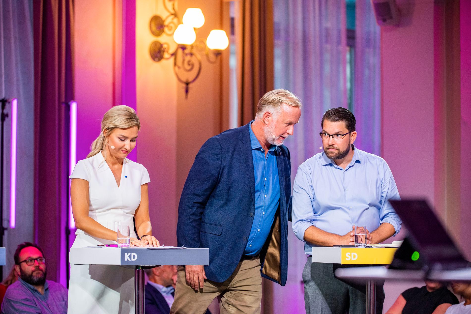 Ebba Busch, Johan Pehrson och Jimmie Åkesson under Aftonbladets partiledardardebatt i augusti.