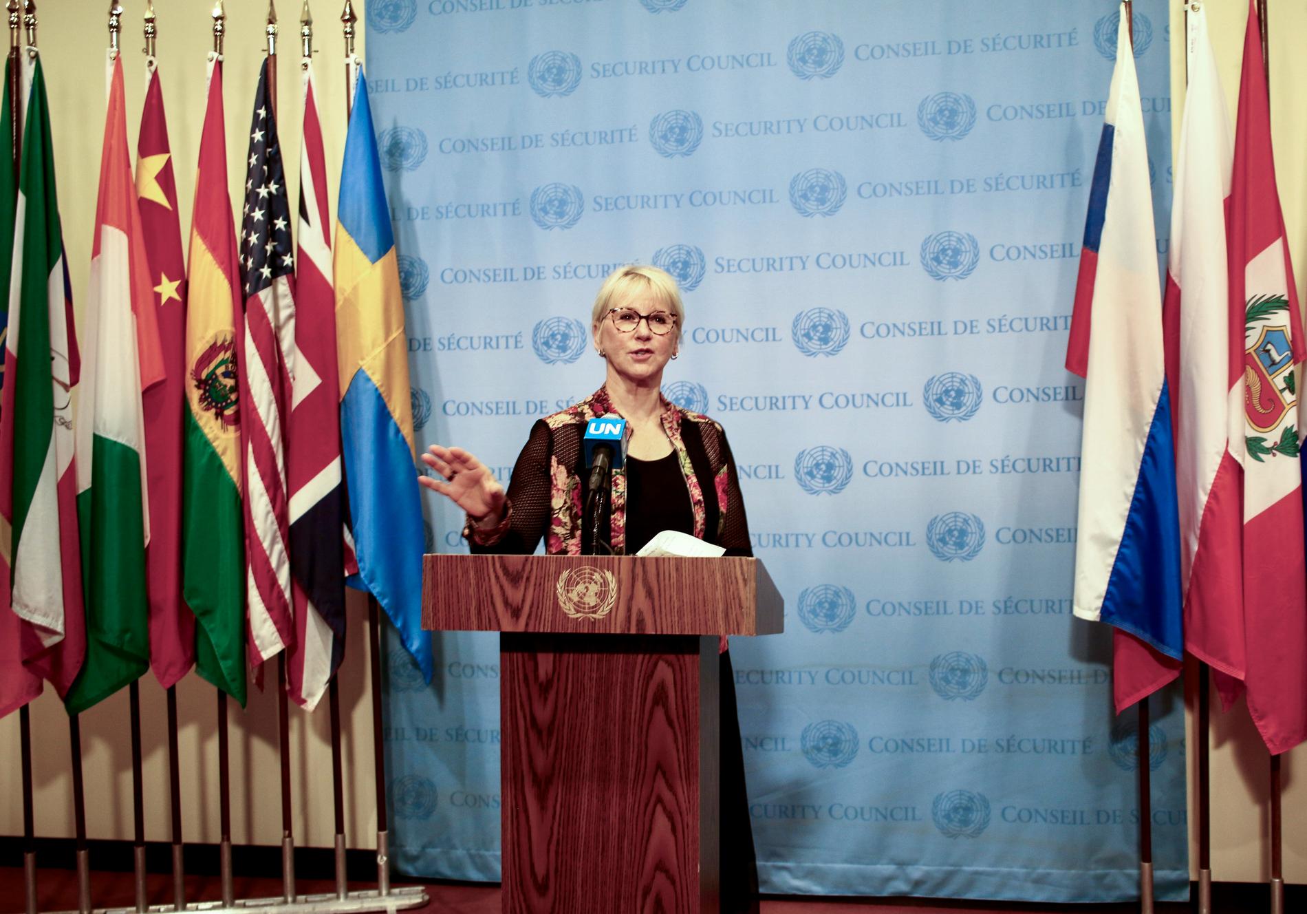 Utrikesminister Margot Wallström (S) i FN:s säkerhetsråd.