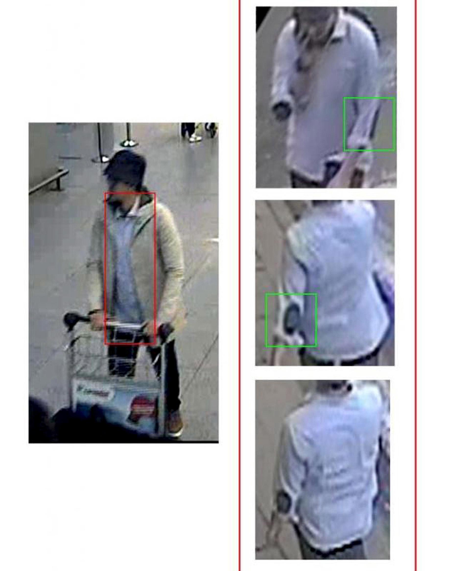 En av de misstänkta flygplatsterrorister, mannen i hatt, på nya bilder som polisen i Belgien har släppt.