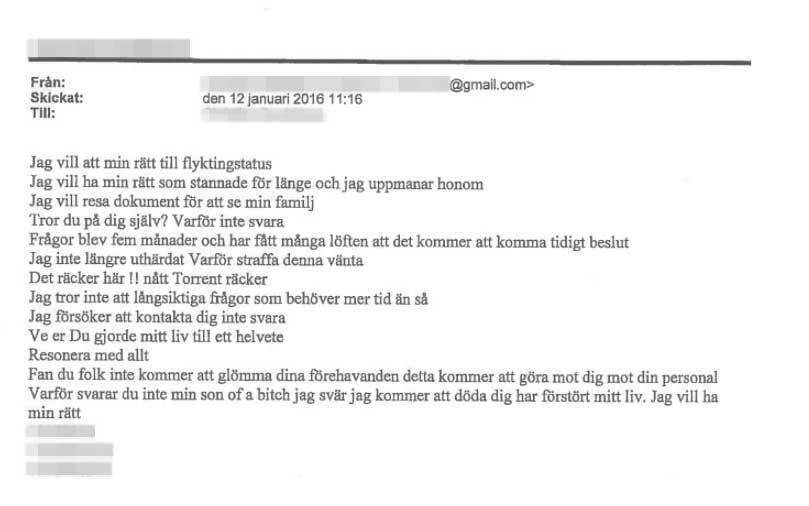 Ett av 100 hotfulla mejl mot en enhetschef i Västsverige.