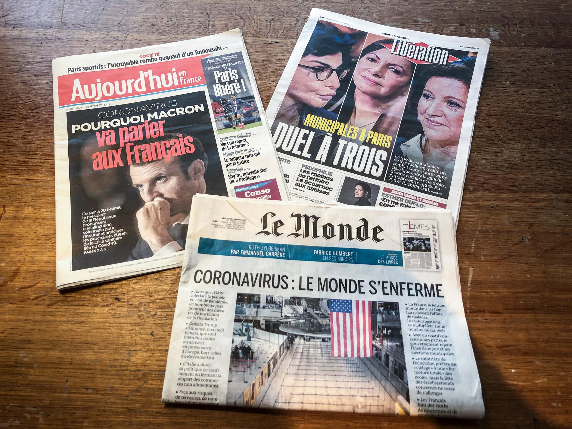 Coronaspridningen och helgens kommunalval dominerar de franska tidningarnas förstasidor.