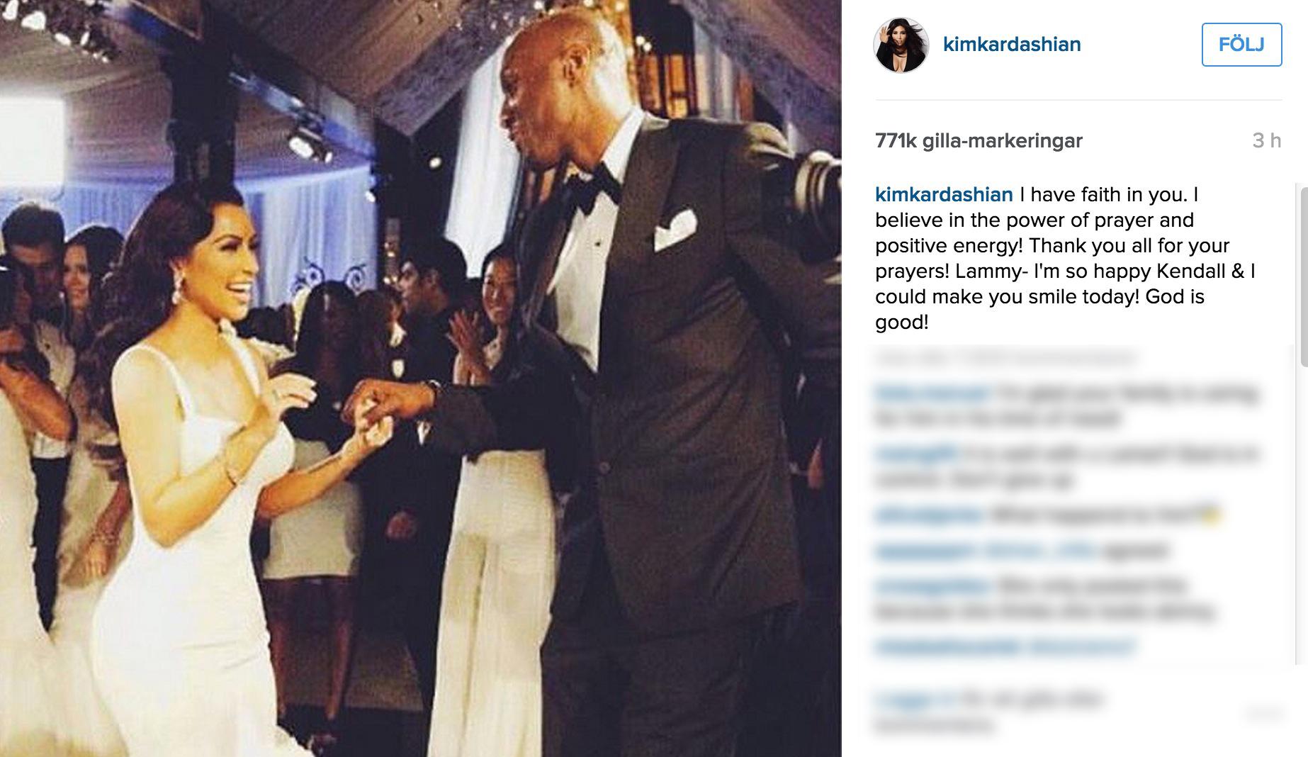 Kim Kardashian stöttar Lamar. ”Jag är så glad att Kendall och jag fick dig att le”, skriver hon i sociala medier.