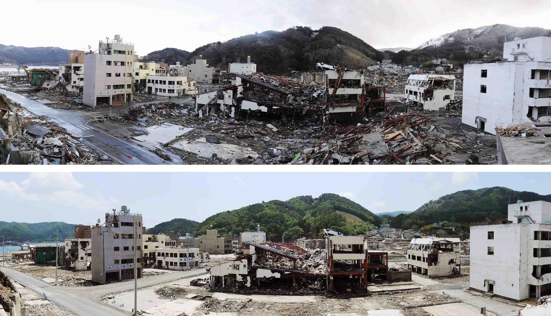 Onagawa i nordöstra Japan – efter jordbävningen och tsunamin och i dag.