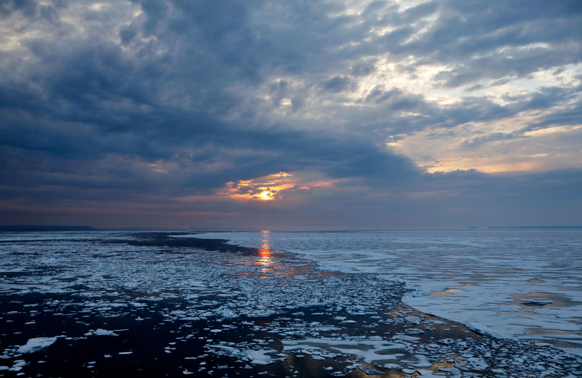 Solen sänker sig över havsisen i norra Kanada. Istäcket i Arktis fortsätter att minska år efter år.