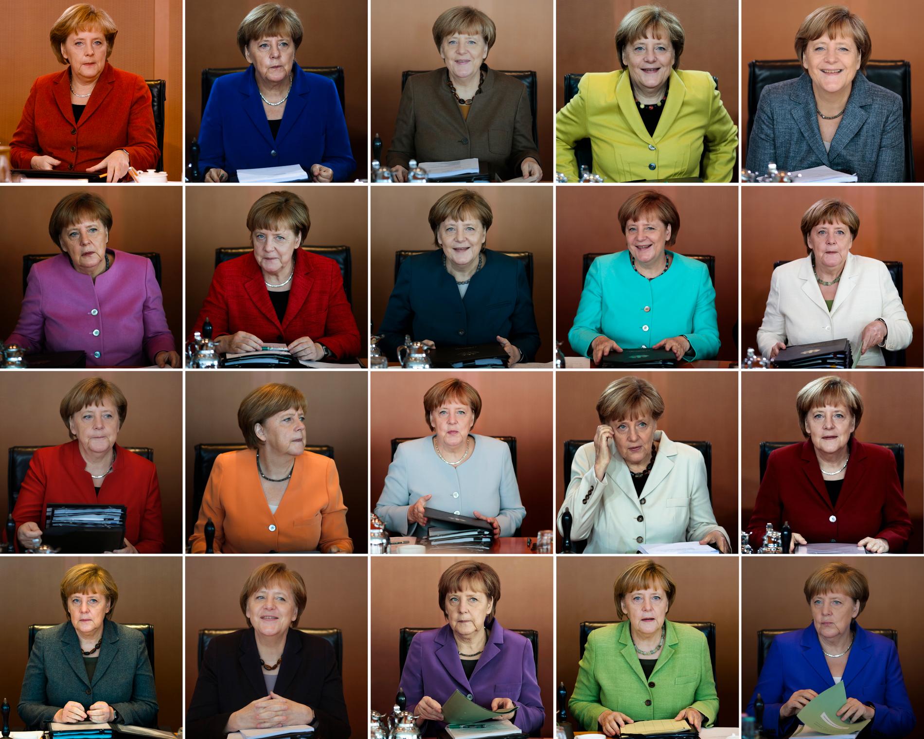 Merkel har haft hundratals olika kavajer och väljer färg beroende på tillfälle. 