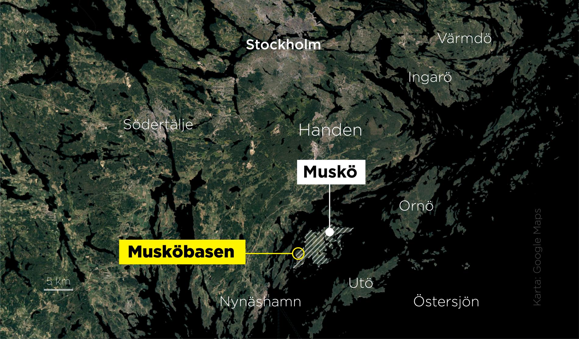 Musköbasen ligger i Haninge kommun söder om Stockholm.