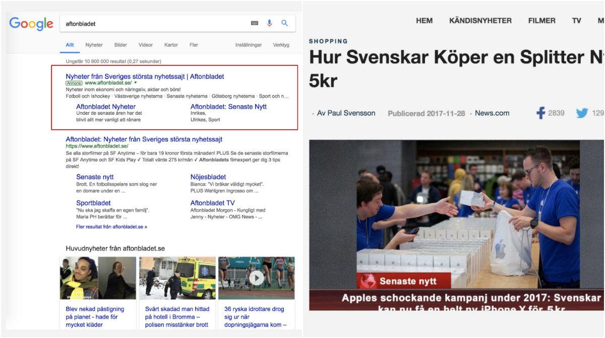 Fejksida försöker locka till sig Aftonbladets läsare. 