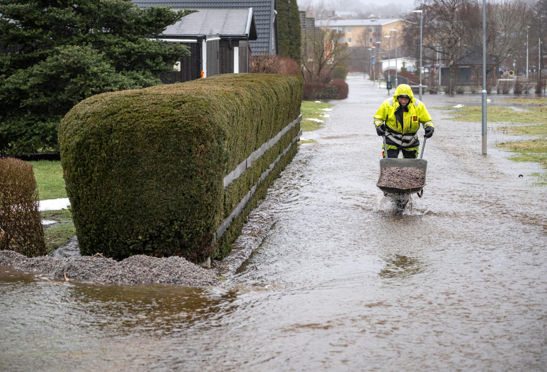 Boende kämpar med att leda undan vattnet med hjälp av vallar i Hörby. 