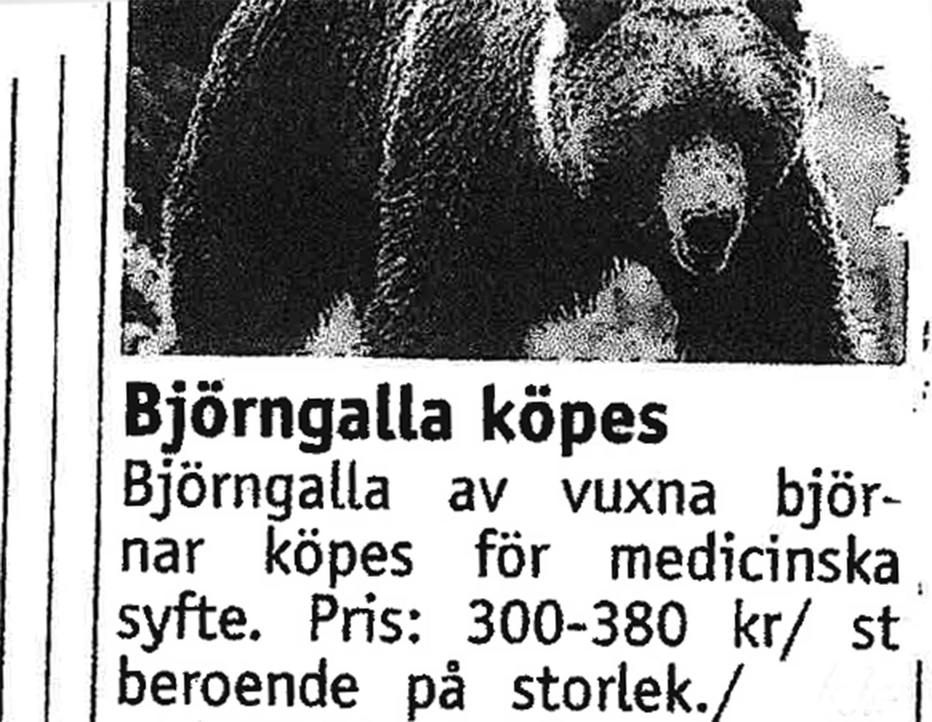Exempel på annonser efter björngalla för medicinska skäl. Mannen dömdes för artskyddsbrott.