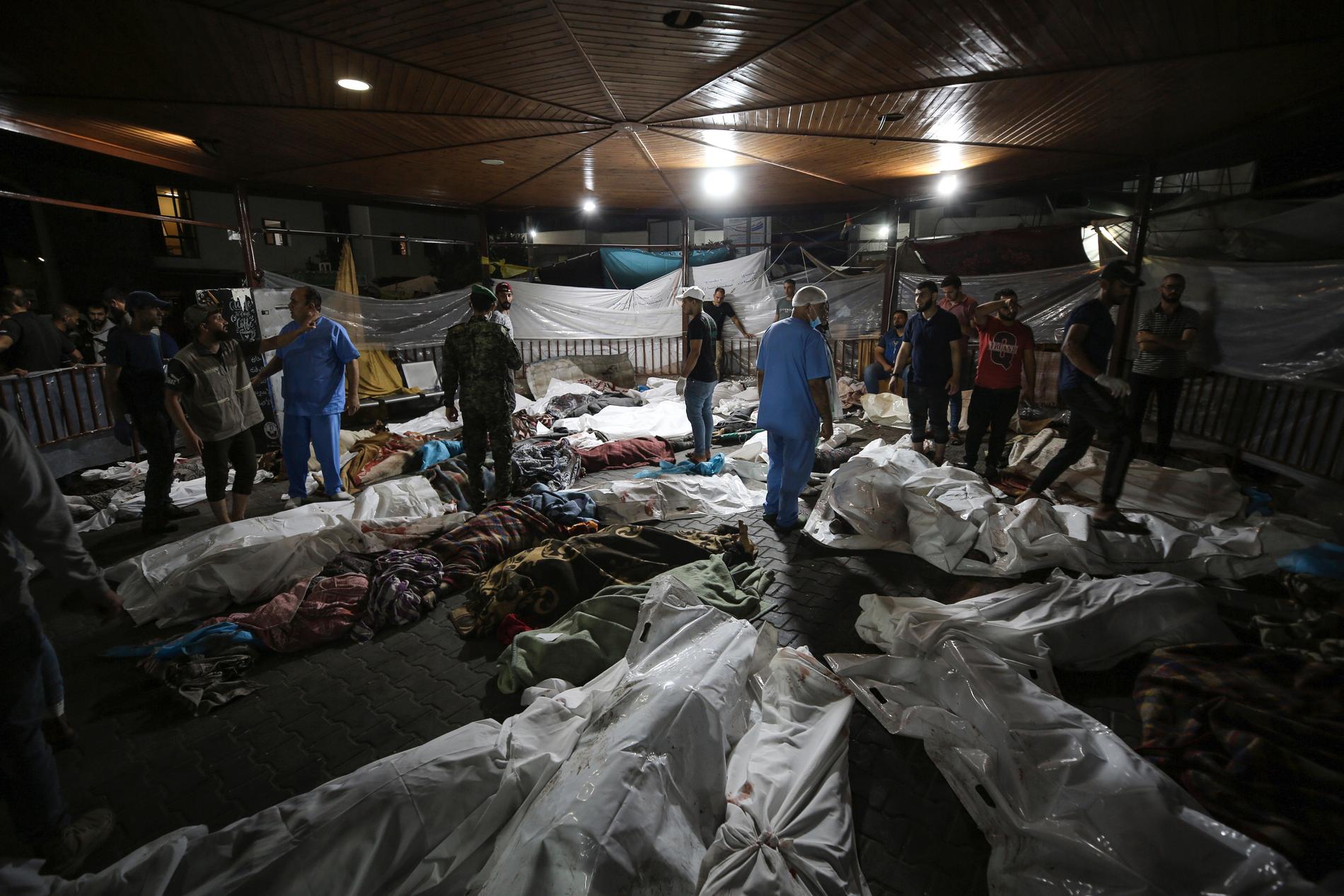 Kroppar vid al-Shifa-sjukhuset i Gaza efter bombningen av al-Ahli-sjukhuset där minst 500 personer uppges ha mist livet. 