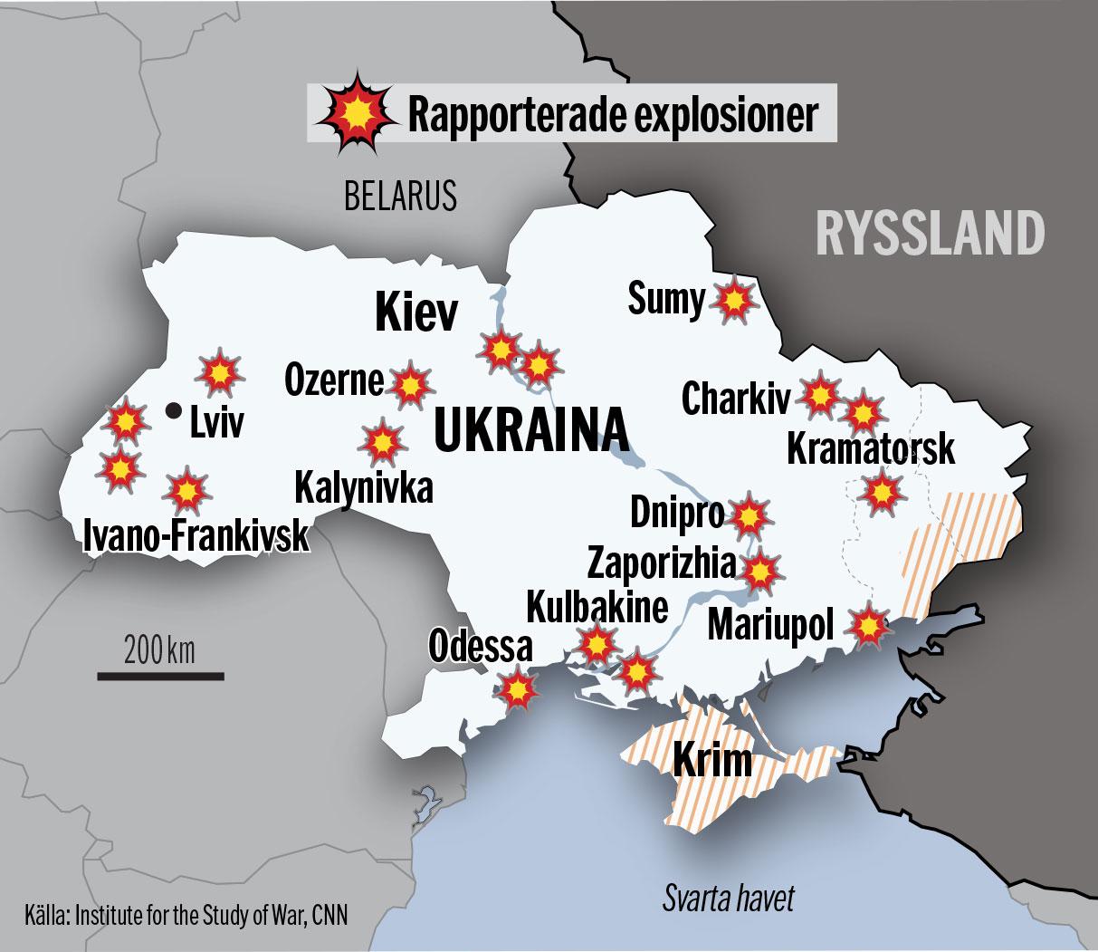 Explosioner har bekräftats i bland annat Charkiv och Dnipro. 