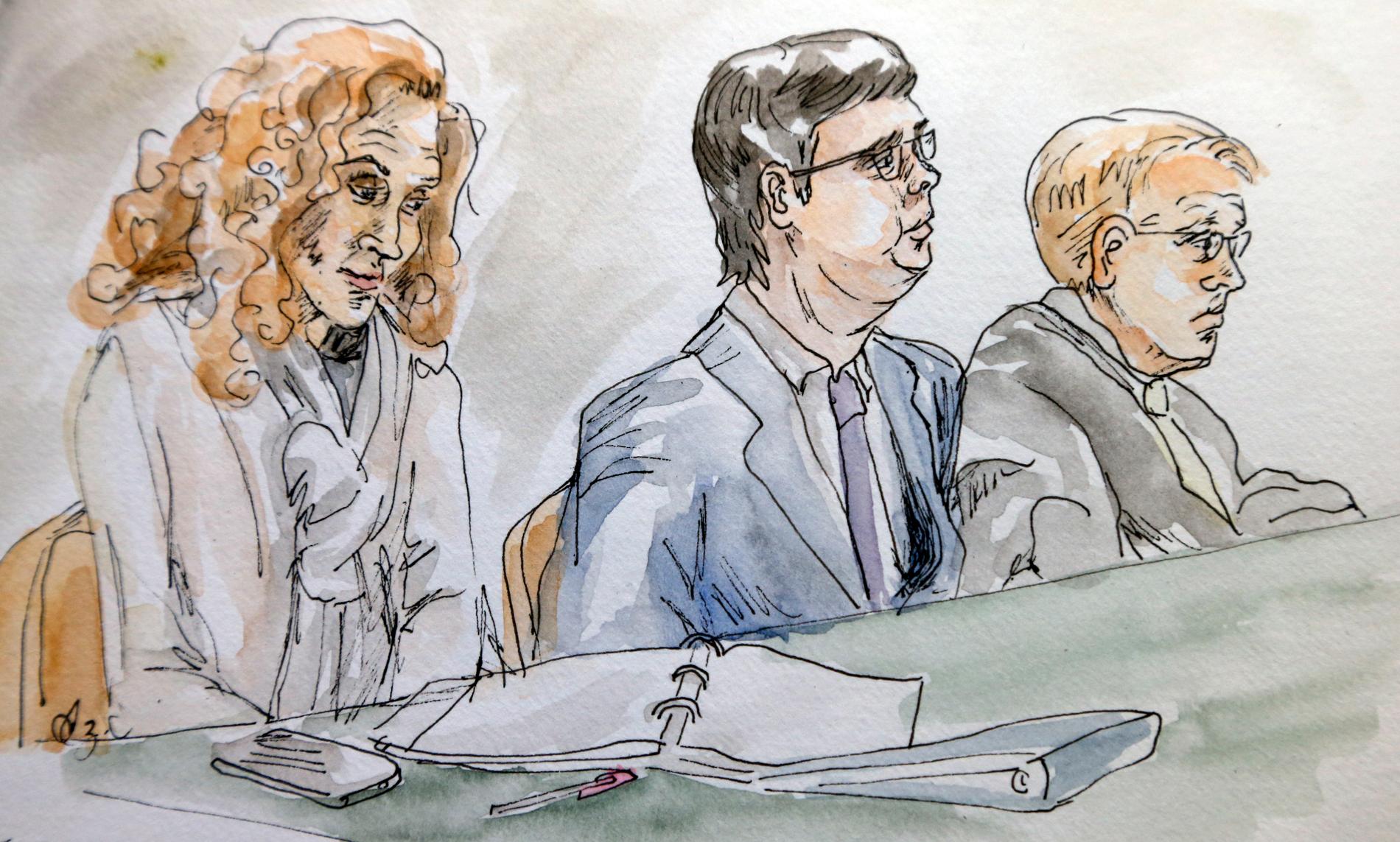 En teckning föreställande James Fields (mitten) i rättssalen.