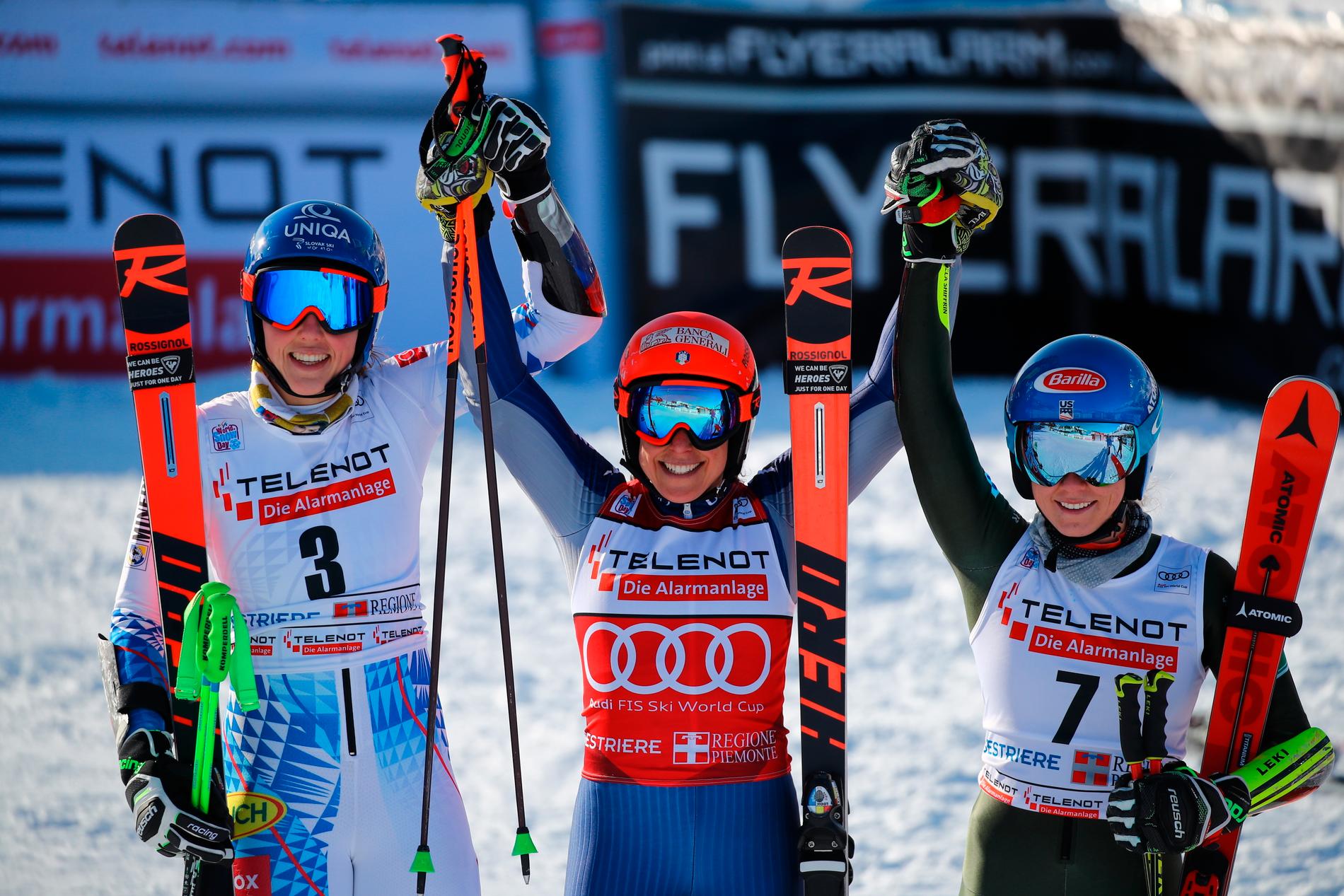 Petra Vlhova, Federica Brignone, Mikaela Shiffrin på Världscupen i alpint 2020.