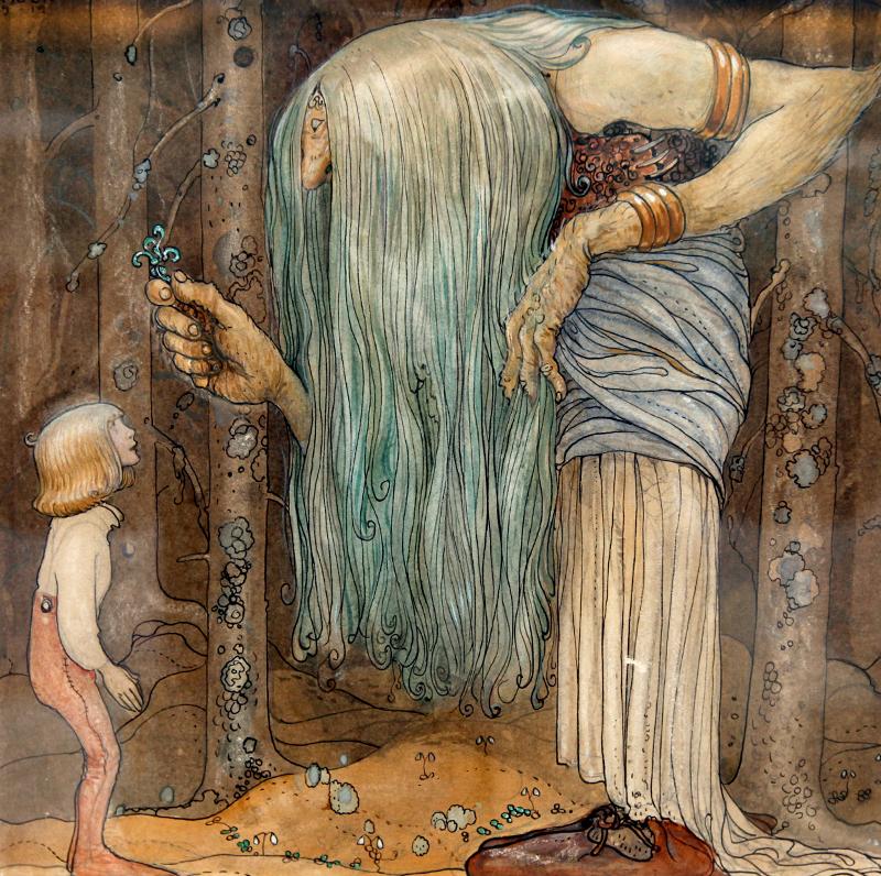 ”Trollörten” av John Bauer. Ett jättelikt skogsrå visar magiska örter (beskuren).