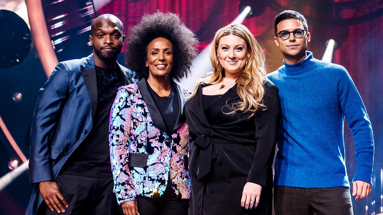 Programledarna för Melodifestivalen 2019: Från vänster Kodjo Akolor, Marika Carlsson, Sarah Dawn Finer och Eric Saade.
