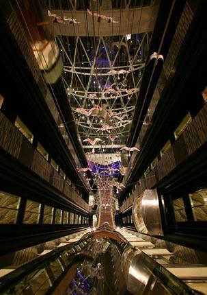 Två stora hisschakt med sex stora hissar vardera transporterar de 6300 passagerarna upp och ner till de 17 däcken.
