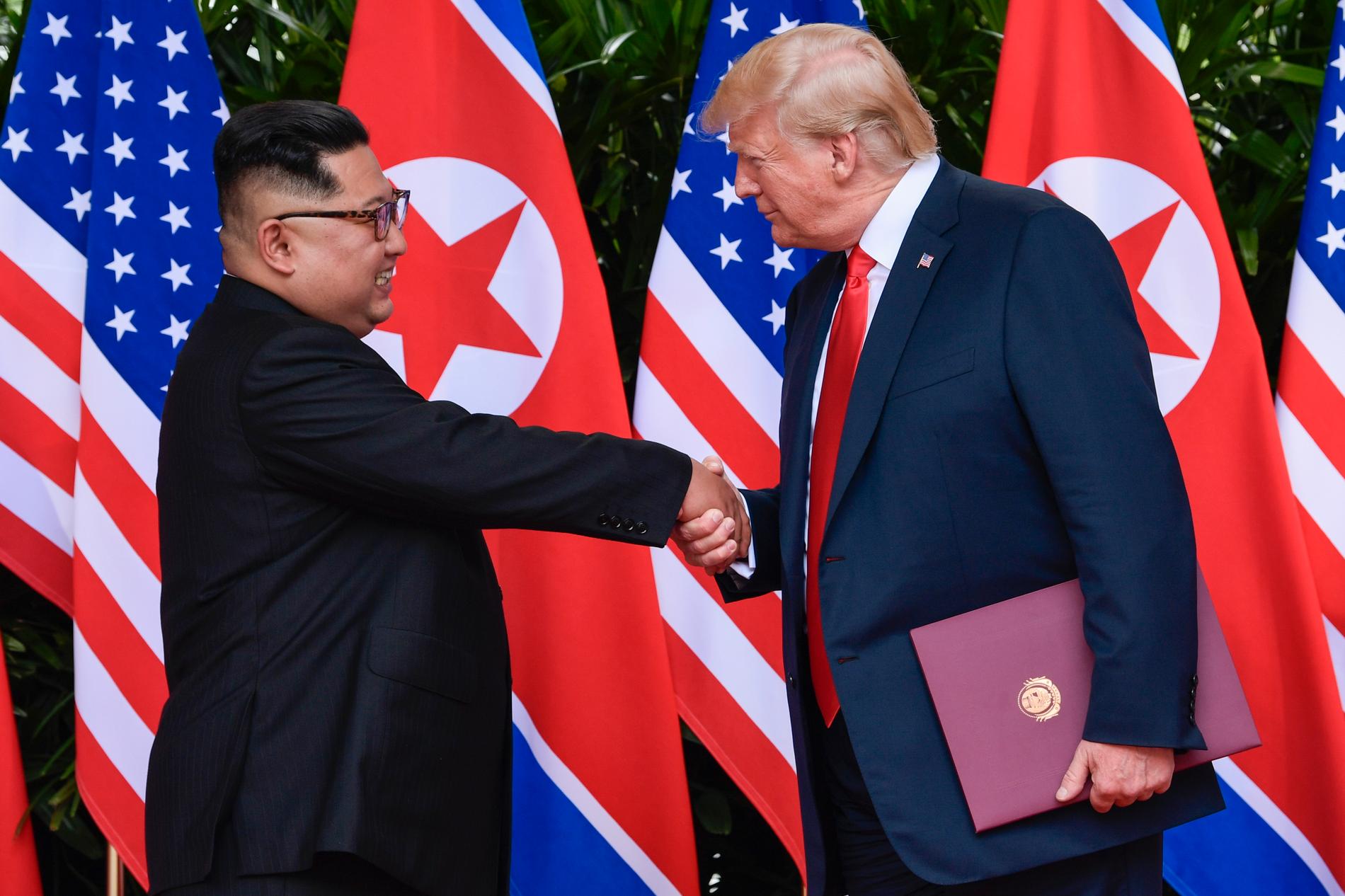 Kim Jong-Un och Donald Trump vid mötet förra året. Arkivbild.