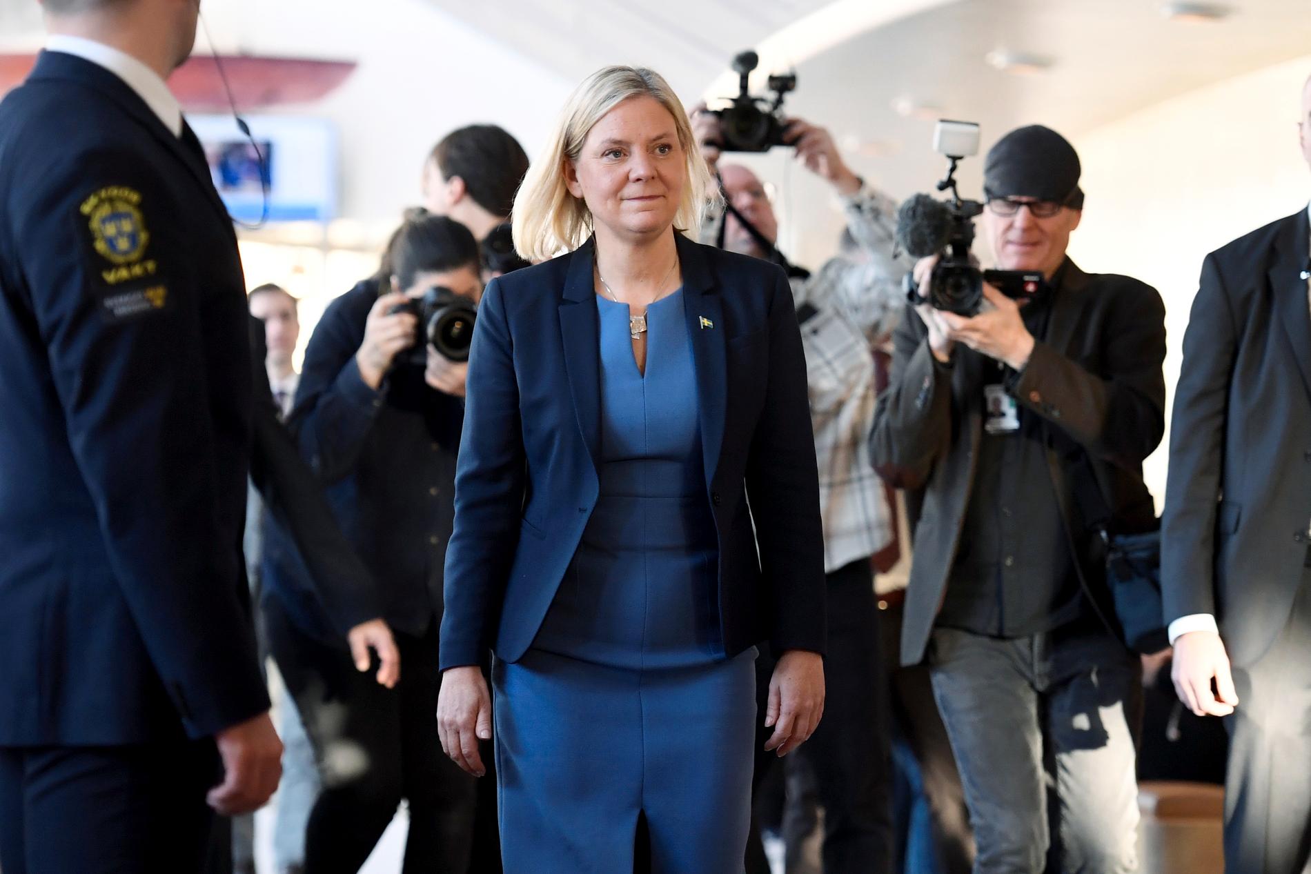 Statsminister Magdalena Andersson i samband med statsministeromröstningen i riksdagen.  