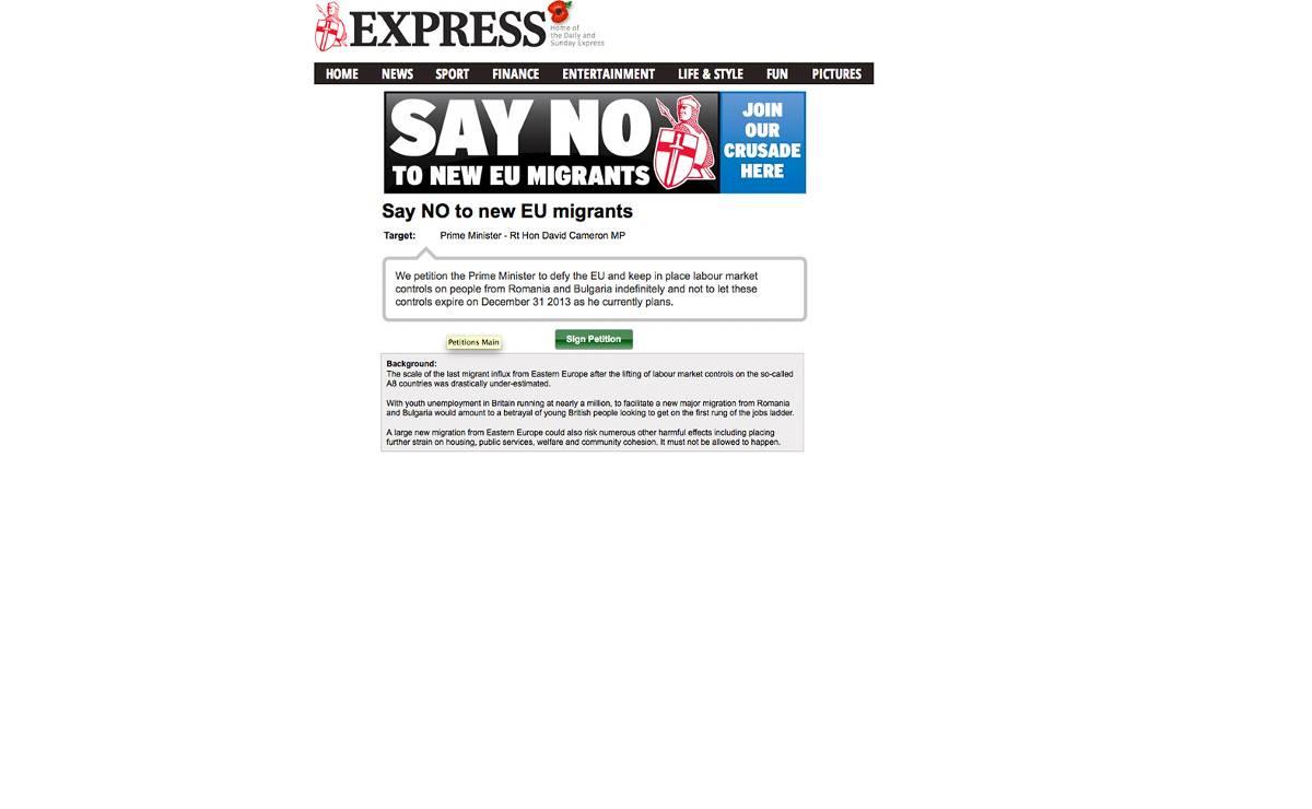Brittiska Daily Express kampanj där de ber läsarna att ansluta sig till tidningens ”korståg” mot nya immigranter från EU.
