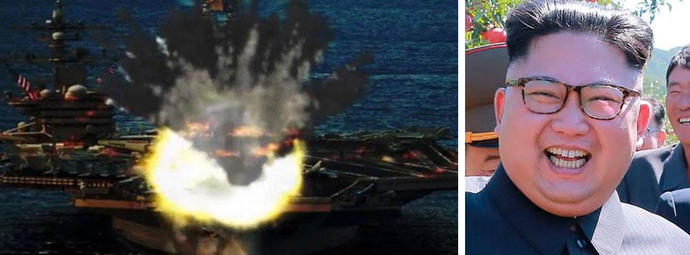 De manipulerade bilderna visar bland annat hur en undervattensmissil träffar det amerikanska hangarfartyget USS Carl Vinson. 