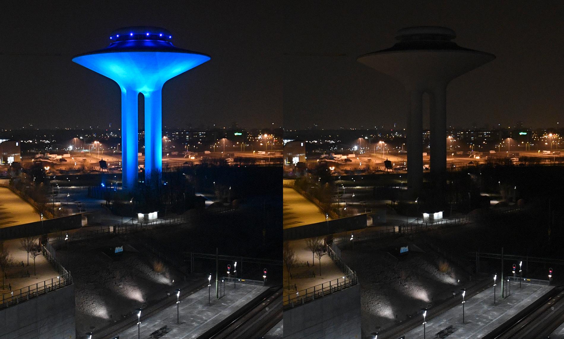 Arkivbild. Vattentornet I Hyllie i Malmö nedsläckt under Earth Hour 2019