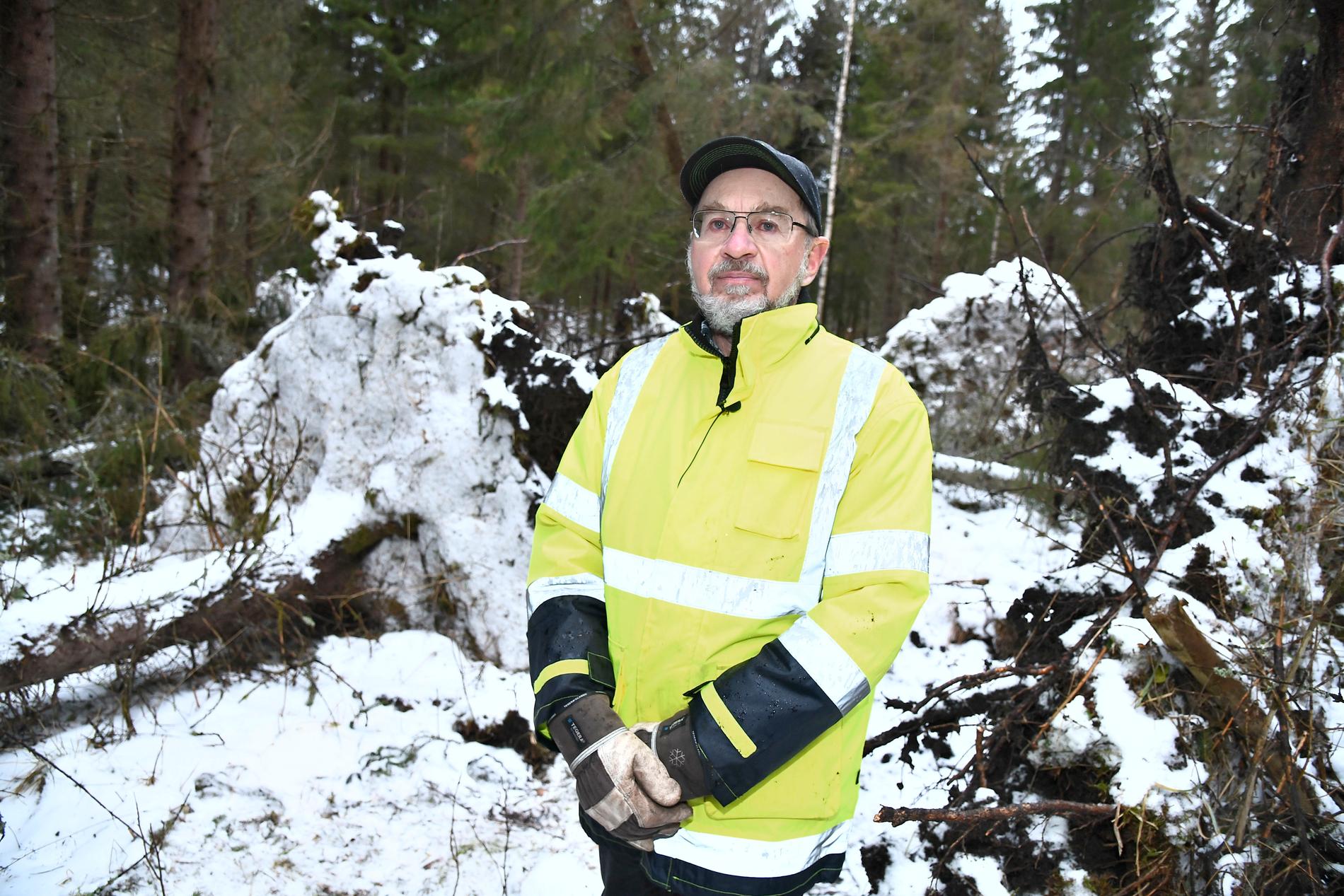 Skogsägaren Stefan Lindskogs ägor drabbades hårt av stormen Alfrida.