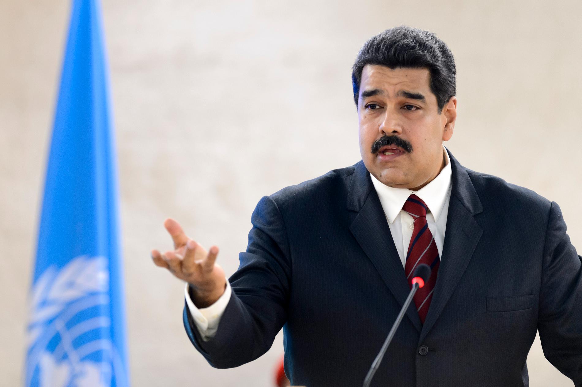 Venezuelas ledare Nicolás Maduro i ett tal inför FN:s råd för mänskliga rättigheter 2015. Arkivbild.