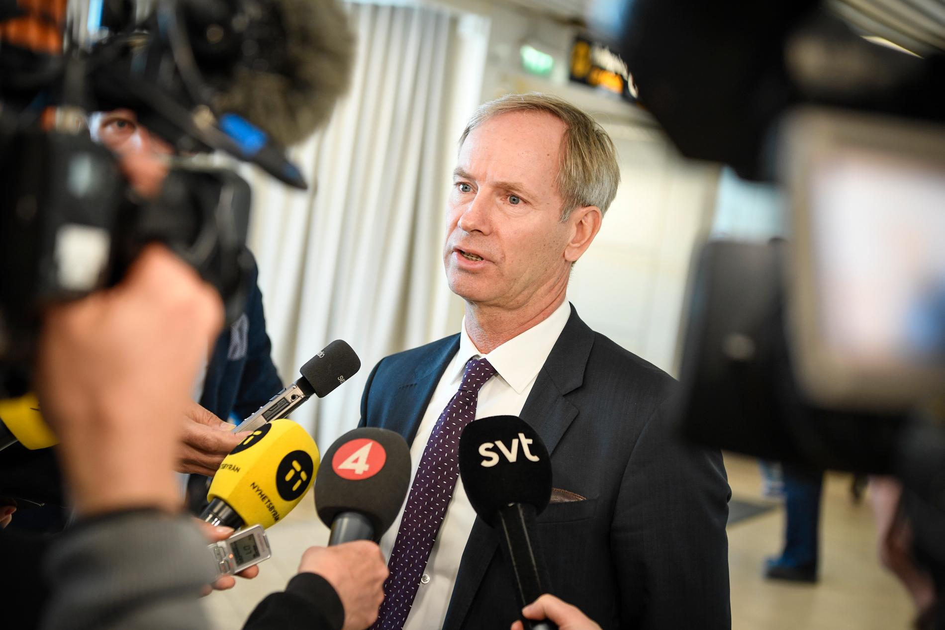 Sveriges FN-ambassadör Olof Skoog håller en pressträff på Sturup flygplats efter säkerhetsrådets möte på Dag Hammarskjölds Backåkra i Skåne i helgen.