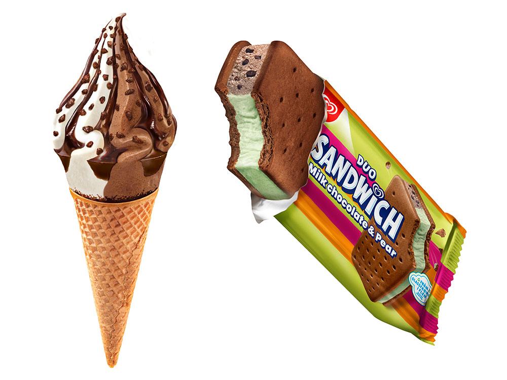 Cornetto soft cookie and chocolate och Sandwich duo milk chocolate and pear.