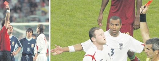 Till vänster: Kim Milton Nielsen blev en jagad man efter det att han visade ut David Beckham från åttondelsfinalen i VM 1998. Till höger: Horacio Elizondo visade efter en stunds palaver ut Wayne Rooney i VM-kvartsfinalen 2006. Senare fick samme Elizondo döma VM-finalen.